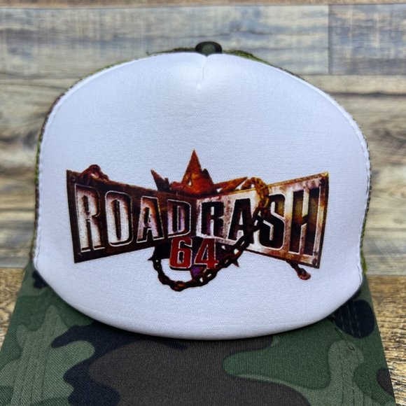 Road Rash 64 Mens Trucker Hat Camo Snapback Motorcycle 90s Video Game Retro Cap - Picture 3 of 8